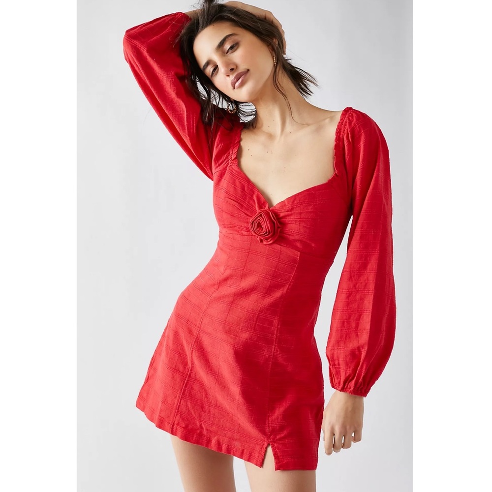NWT Free People Mini Dress S Red Coquette Western‎ Boho Put A Rose On It Cotton